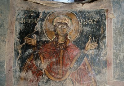 Santo, paredes frescas en la Iglesia de Agios Georgios, Komitades, Creta, Grecia de J.B. and Brown J. Rowbotham