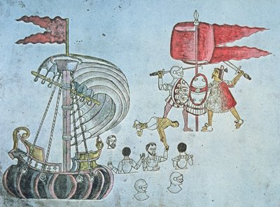 Soldados españoles de Hernán Cortés desembarcan en 1519 para luchar contra los aztecas, copiado del Códice Azcatitlán, c.1550 de J.B. and Brown J. Rowbotham