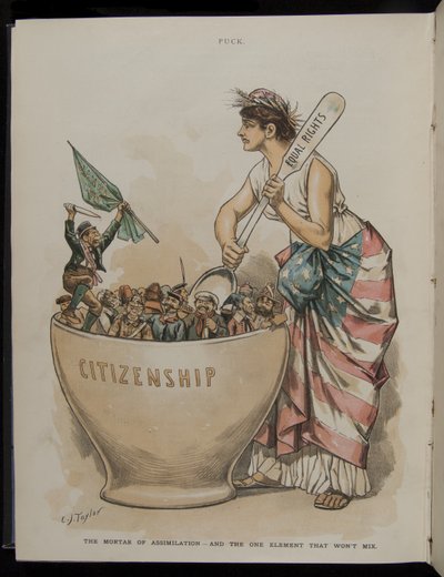 El mortero de la asimilación - Y el único elemento que no se mezcla, ilustración de la revista Puck, 26 de junio de 1889 de C.J. Taylor