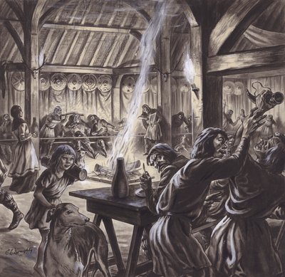 Un festín en un salón anglosajón (gouache sobre papel) de C.L. Doughty