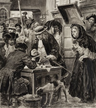 Un prestamista del siglo XVIII y sus clientes (gouache sobre papel) de C.L. Doughty