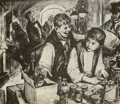 Charles Dickens de niño en la fábrica de tizón (litografía) de C.L. Doughty