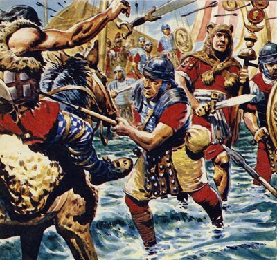 Enardecidas por la valentía del abanderado, las demás legiones romanas se armaron de valor (litografía en color) de C.L. Doughty