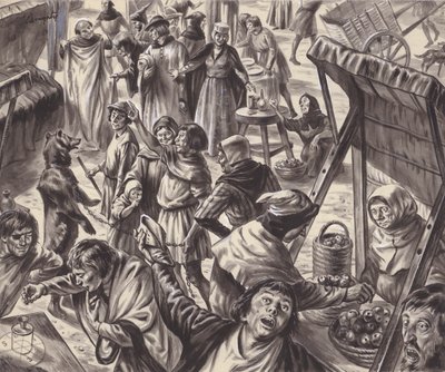 Mercaderes en una feria medieval (gouache sobre papel) de C.L. Doughty
