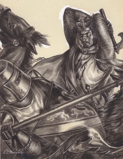 Robert Bruce a punto de matar a Sir Henry de Bohun () (gouache sobre papel) de C.L. Doughty