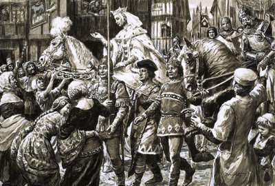 El pueblo inglés recibe al ejército rebelde de la reina Isabel y Roger Mortimer de C.L. Doughty
