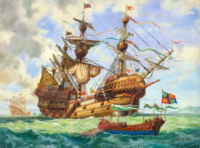 El Gran Harry, buque insignia de la flota del rey Enrique, luciendo muchos de sus 251 cañones (gouache sobre papel) de C.L. Doughty