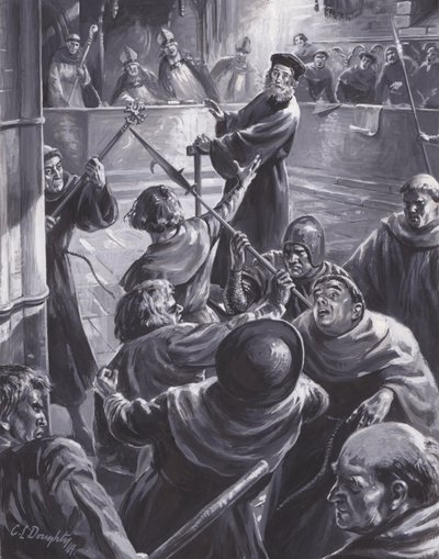 El juicio de John Wyclif, en el que una multitud intentó rescatarlo (gouache sobre papel) de C.L. Doughty