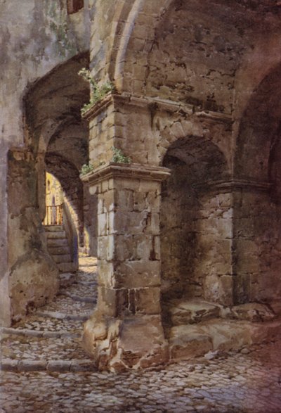 Fortaleza medieval, Terracina (litografía en color) de C.T.G. Formili