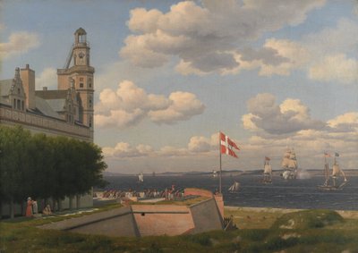 Una Vista hacia la Costa Sueca desde las Murallas del Castillo de Kronborg de Christoffer Wilhelm Eckersberg