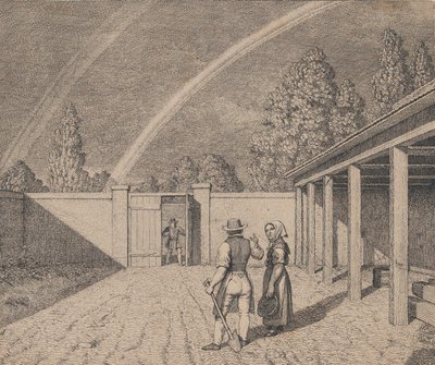 Una Pareja Conversando en un Patio de Establo, con un Doble Arcoíris sobre ellos, de 
