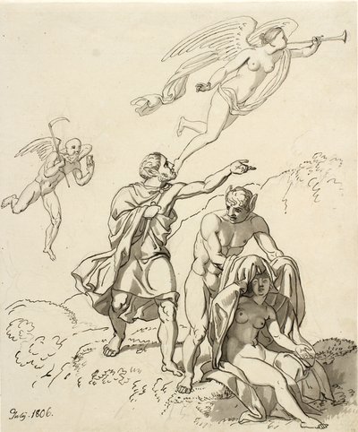 Composición alegórica; un par de jóvenes con orejas de burro y una mujer desnuda sentada, en el fondo Tiempo y Fauna flotando de Christoffer Wilhelm Eckersberg