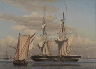 Un bergantín naval estadounidense anclado mientras sus velas se secan de Christoffer Wilhelm Eckersberg