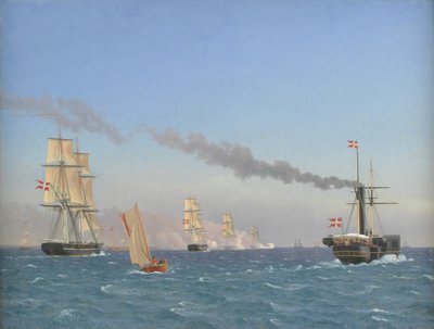 Christian VIII a bordo de su barco de vapor "Ægir" observando las maniobras de un escuadrón cerca de Copenhague de Christoffer Wilhelm Eckersberg