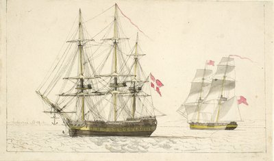 Una fragata danesa anclada y un bergantín inglés bajo vela de Christoffer Wilhelm Eckersberg