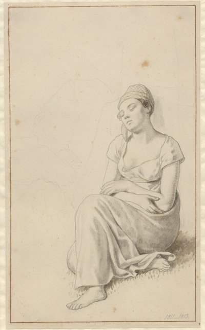 Una mujer sentada apoyada en un bloque de piedra y durmiendo de Christoffer Wilhelm Eckersberg