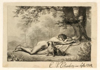 Un joven desnudo durmiendo al pie de un árbol, con un perro a su lado de Christoffer Wilhelm Eckersberg