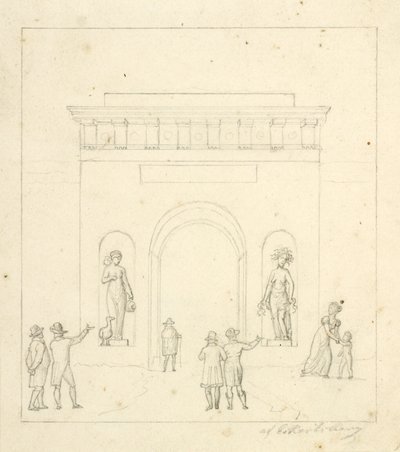 Un arco de triunfo en primer plano con figuras de personal de Christoffer Wilhelm Eckersberg