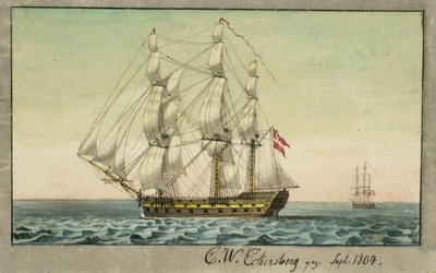 Un barco de guerra danés a vela, visto desde el lado de sotavento de Christoffer Wilhelm Eckersberg