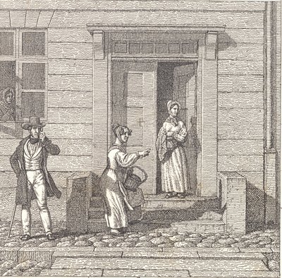 Escena callejera, dos niñas, un caballero y una señora buscan algo de Christoffer Wilhelm Eckersberg