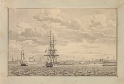Copenhague vista desde el puerto exterior con un bergantín anclado y un balandro navegando de Christoffer Wilhelm Eckersberg