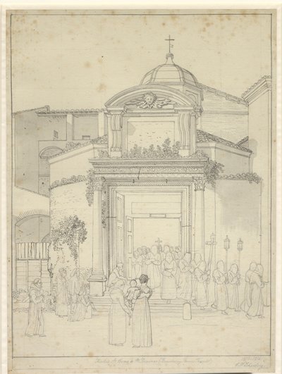 Iglesia de San Cosme y San Damián (Templo de Rómulo y Remo) con monjes en procesión saliendo de la puerta de la iglesia de Christoffer Wilhelm Eckersberg