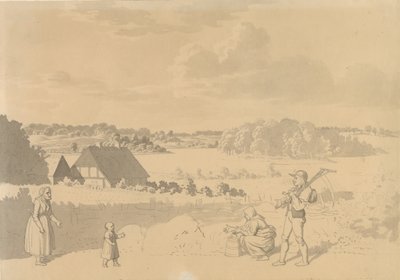Paisaje con un lago, rodeado de bosques y campos, en primer plano campesinos jugando con un niño pequeño de Christoffer Wilhelm Eckersberg