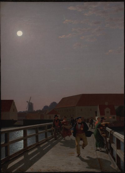 Langebro, Copenhague, a la luz de la luna con figuras corriendo de Christoffer Wilhelm Eckersberg