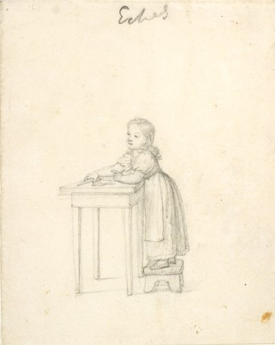 Niña pequeña de pie en un taburete junto a una mesa de Christoffer Wilhelm Eckersberg