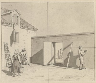 Perspectiva lineal aplicada al arte de la pintura - boceto para ilustración no utilizada - Patio danés con cuatro campesinos y artesanos de Christoffer Wilhelm Eckersberg