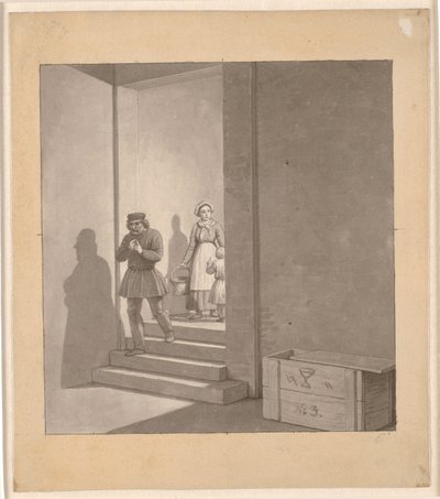 Hombre bajando las escaleras, en el fondo mujer y niño de Christoffer Wilhelm Eckersberg