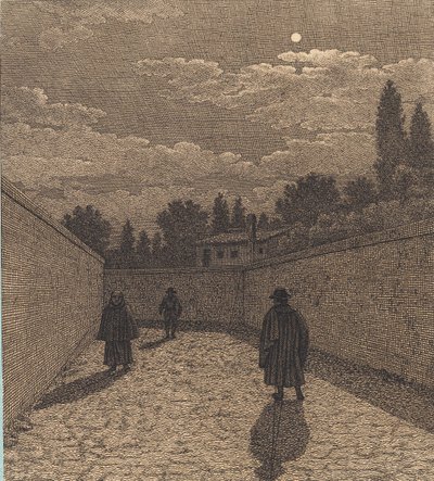Luz de luna sobre un camino con tres figuras. Ilustración de "Linearperspectiven", Tabla IV de Christoffer Wilhelm Eckersberg