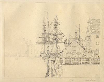 Parte de uno de los astilleros en Christianshavn, al fondo la grúa de mástiles de Christoffer Wilhelm Eckersberg