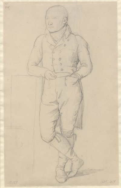 Retrato de un hombre de pie, con las piernas cruzadas, apoyado en un sofá de Christoffer Wilhelm Eckersberg