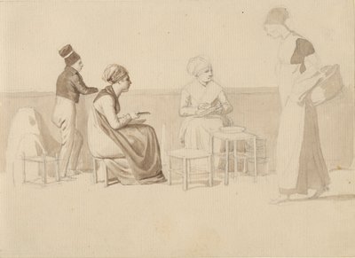Escena de un Patio o Muelle en París. Cuatro Figuras Sentadas, de Pie y Caminando. de Christoffer Wilhelm Eckersberg
