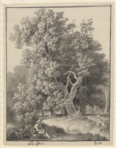 Paisaje forestal en Svendstrup con un par de figuras, al frente un hombre sentado con una pala de Christoffer Wilhelm Eckersberg