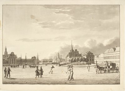 Plaza del castillo en Copenhague con la iglesia de Holmen, la Bolsa, el ahora desaparecido banco y el edificio de la cancillería ("El edificio rojo") de Christoffer Wilhelm Eckersberg