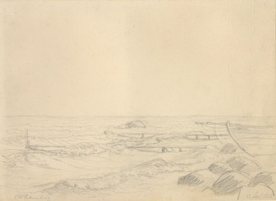 Paisaje costero con olas y un muelle de Christoffer Wilhelm Eckersberg