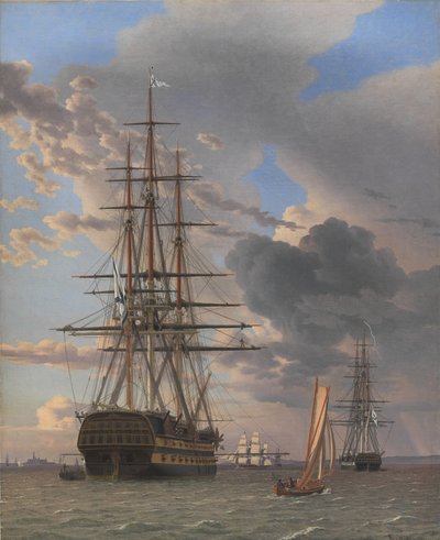 El barco de línea ruso "Asow" y una fragata anclados cerca de Elsinore de Christoffer Wilhelm Eckersberg