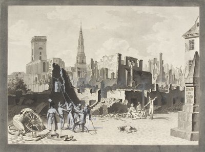 La Plaza de Ulfeldt, ahora llamada Gråbrødretorv, después del bombardeo británico en septiembre de 1807 de Christoffer Wilhelm Eckersberg