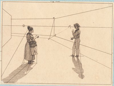 Dos figuras en una construcción geométrica. Ilustración para "Linearperspectiven", Tabla IV de Christoffer Wilhelm Eckersberg