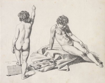 Dos niñas desnudas, una sentada vista de frente, la otra de pie vista desde atrás de Christoffer Wilhelm Eckersberg