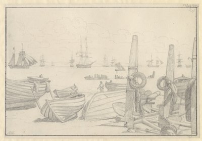 Vista desde la playa al sur de Helsingør hacia el barco de vigilancia, la fragata "Falster" de Christoffer Wilhelm Eckersberg
