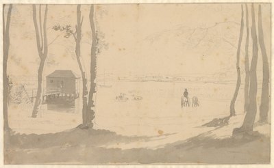 Vista sobre un lago, a la izquierda una casa de baños, en el centro jinetes que abrevando caballos, en primer plano árboles de Christoffer Wilhelm Eckersberg
