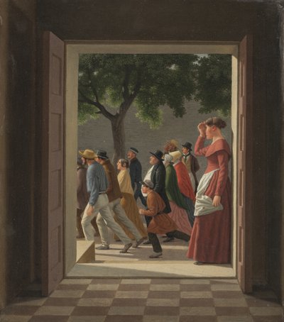 Vista a través de una puerta a figuras corriendo de Christoffer Wilhelm Eckersberg