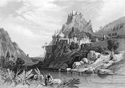Ruinas en Ettaia, supuestamente causadas por un combate entre Krishna y Kali, grabado por E. Finden, de 