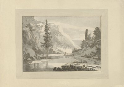 Paisaje de montaña con pastores en la orilla de un río de C. Brouwer