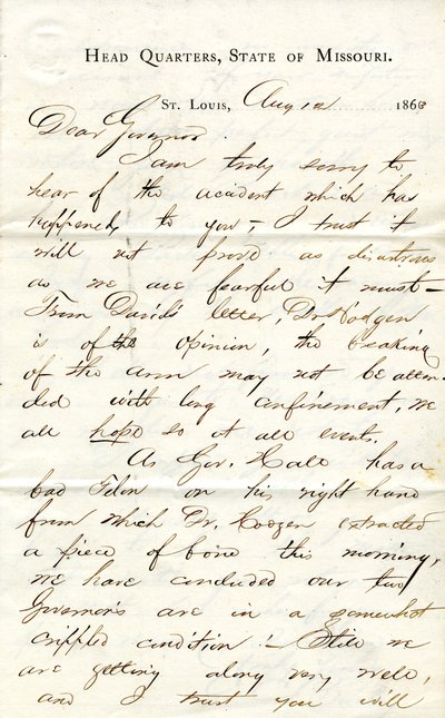 Carta firmada por C.C. Bailey, Cuartel General, Estado de Missouri, St. Louis, al Gobernador [Hamilton R. Gamble], 12 de agosto de 1863 de C. C. Bailey