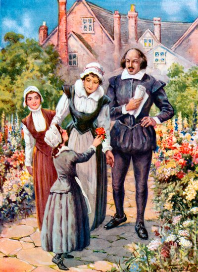 Shakespeare en el jardín de New Place, Stratford-on-Avon (litografía en color) de C. Dudley (after) Tennant