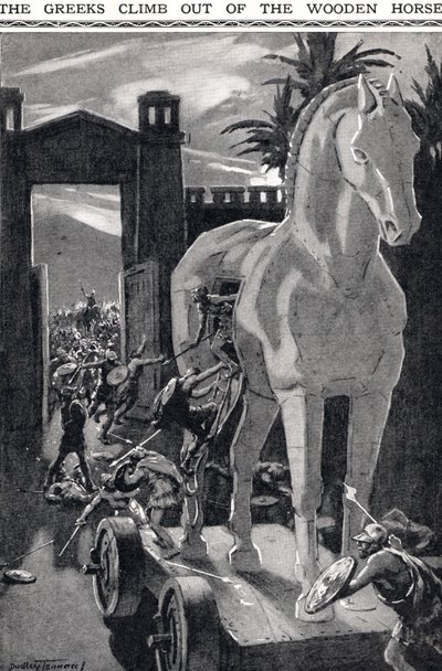Los griegos se bajan del caballo de madera, ilustración de 